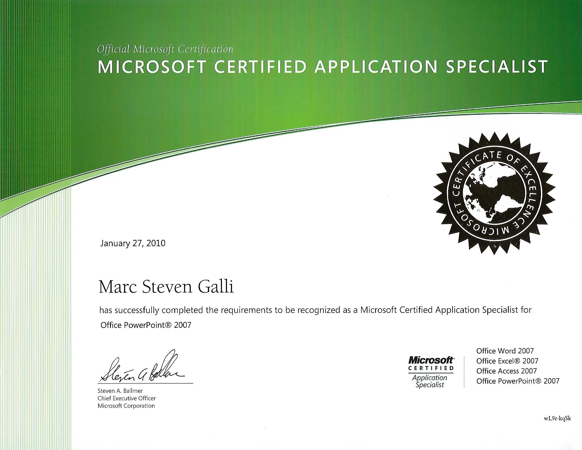 Marc Galli, Microsoft Certified Application Specialist